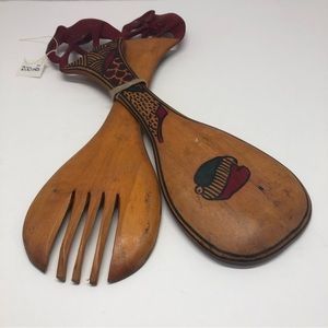 VTG African Hand Carved Wooden Elephant Trunk Down Salad Fork And Spoon